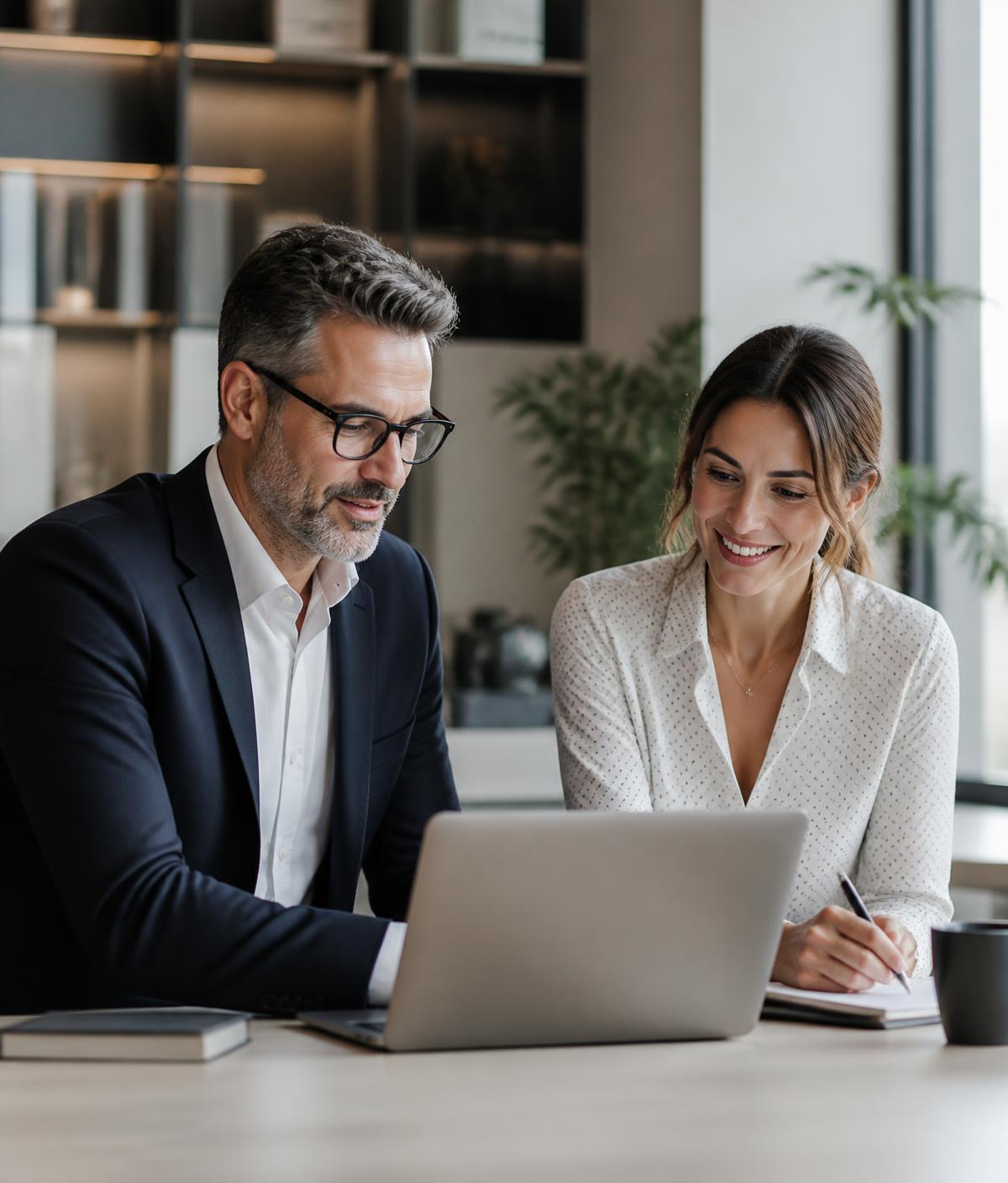 Two professionals reviewing work together in a bright office