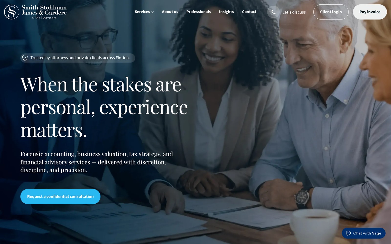 Homepage of the Smith Stohlman James & Gardere CPA firm website